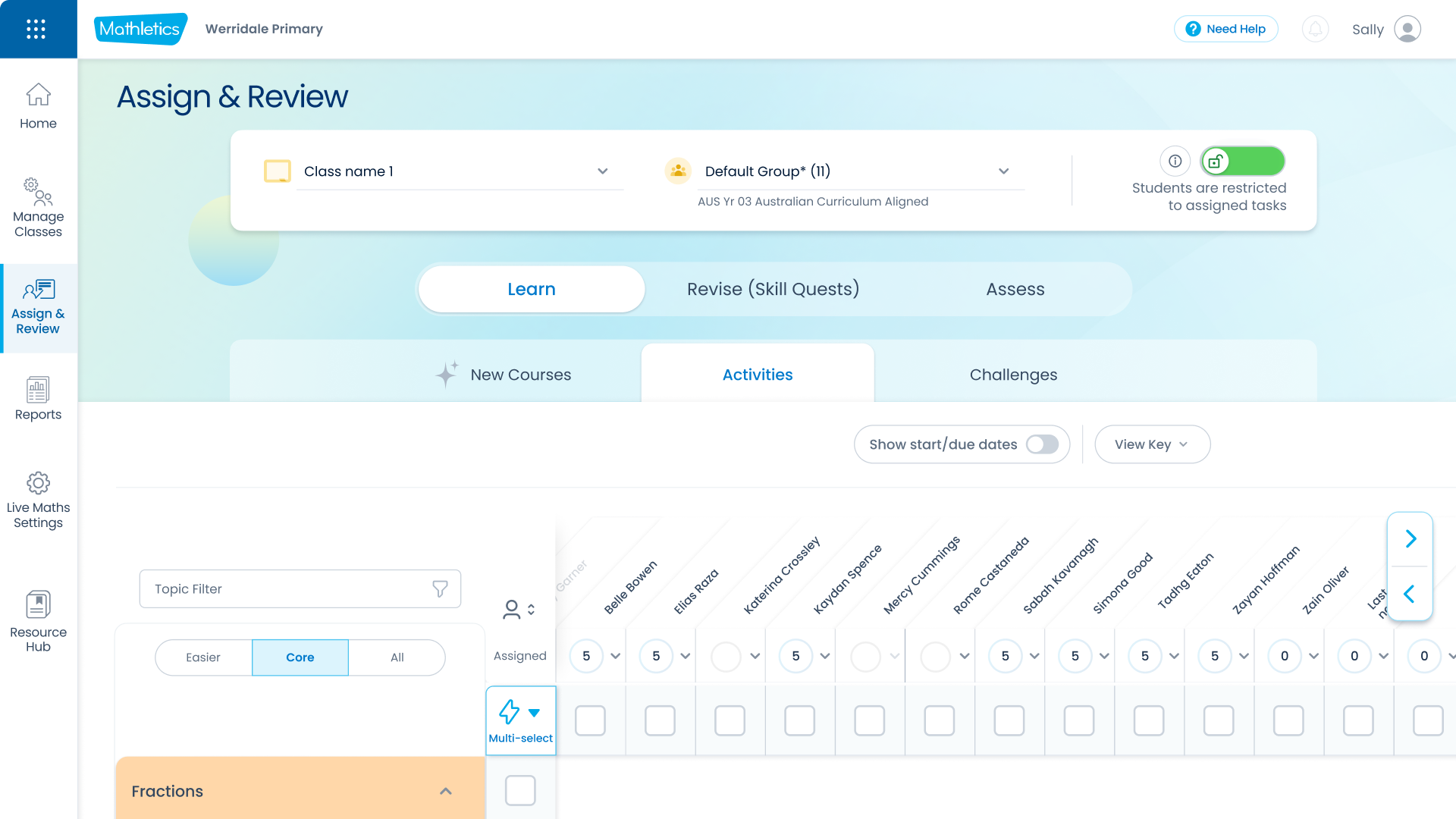 Mathletics Assign and Review interface