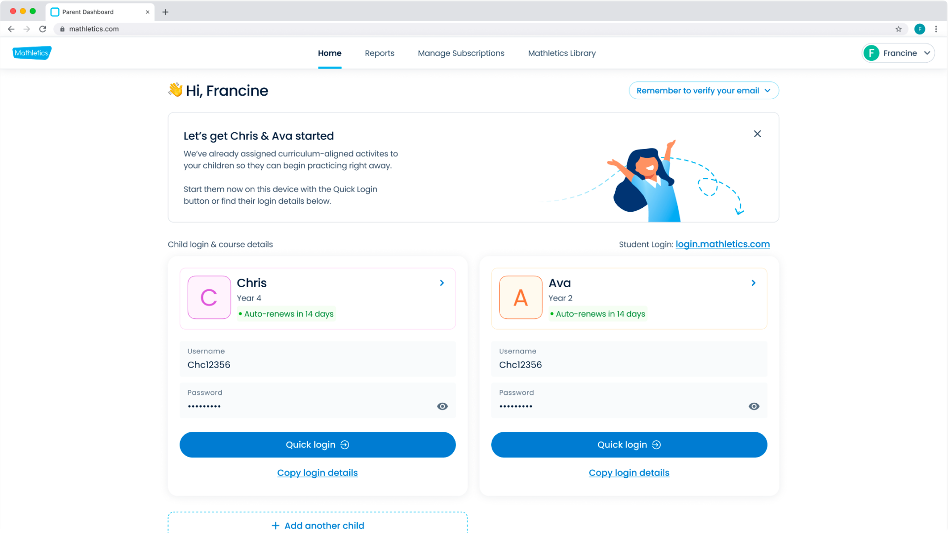 Mathletics for Home onboarding and dashboard